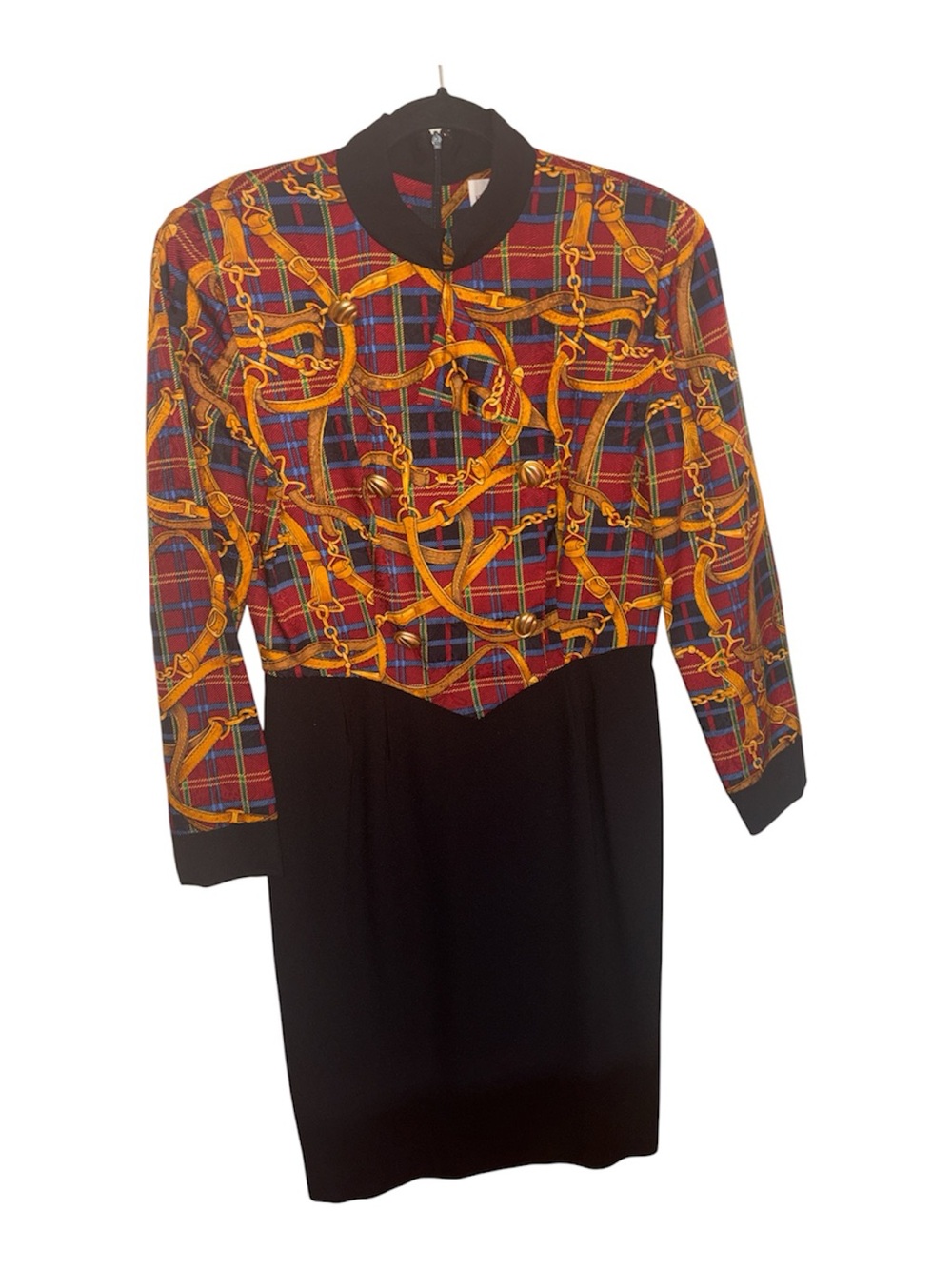 Saks Fifth Avenue Richard Warren Plaid Chain Print Dress Red Black Gold 10